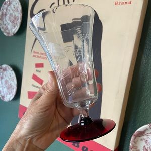 4 Vintage 50s Mid Century MCM Etched Glasses Red Stem Bases Wine Glasses